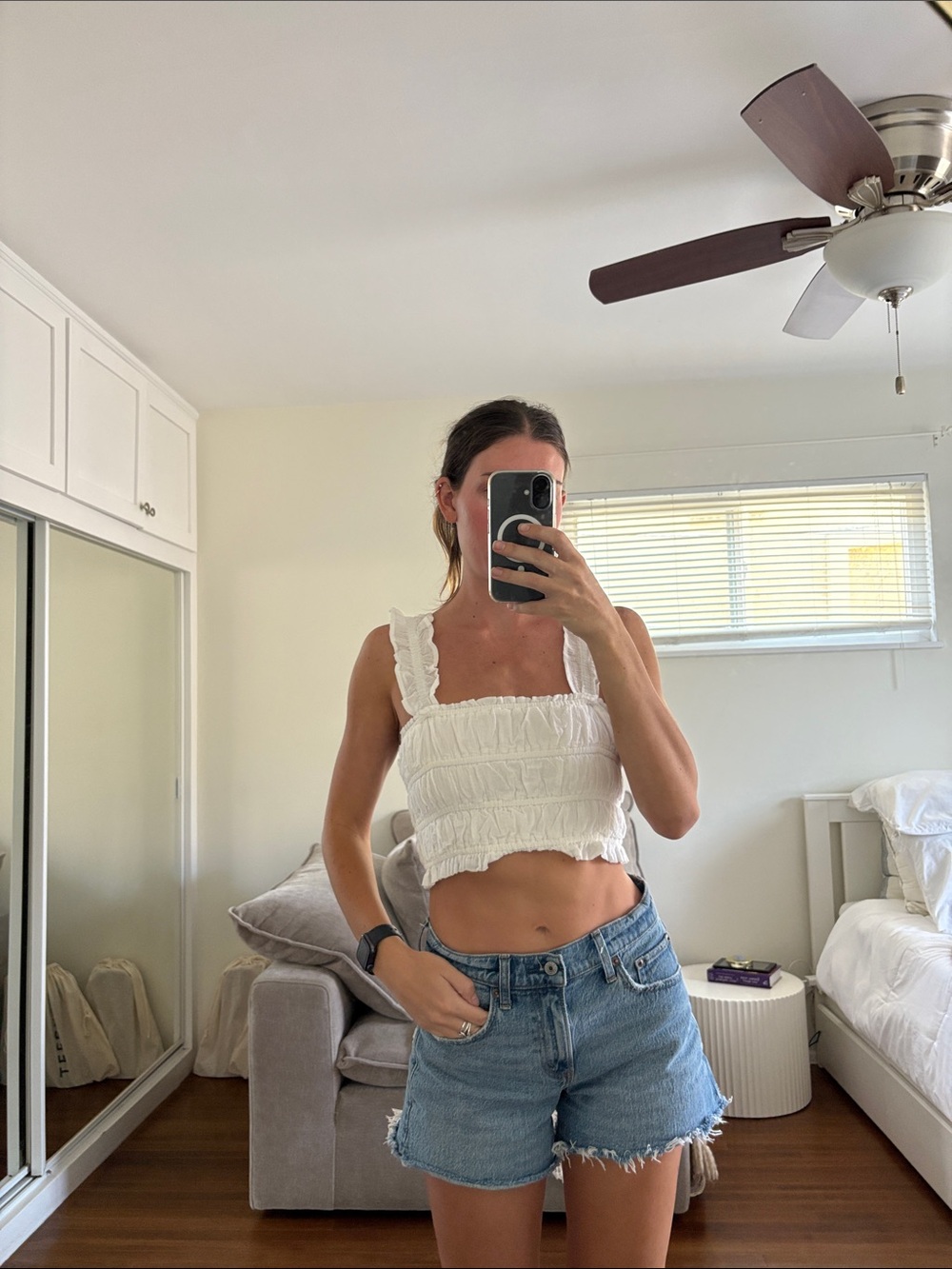 White Smocked Ruffle Strap Crop Camisole